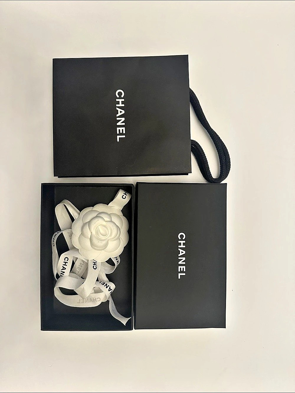 Chanel Small Gift Box Packaging Set with Ribbon and Camellia Flower Black & Whit